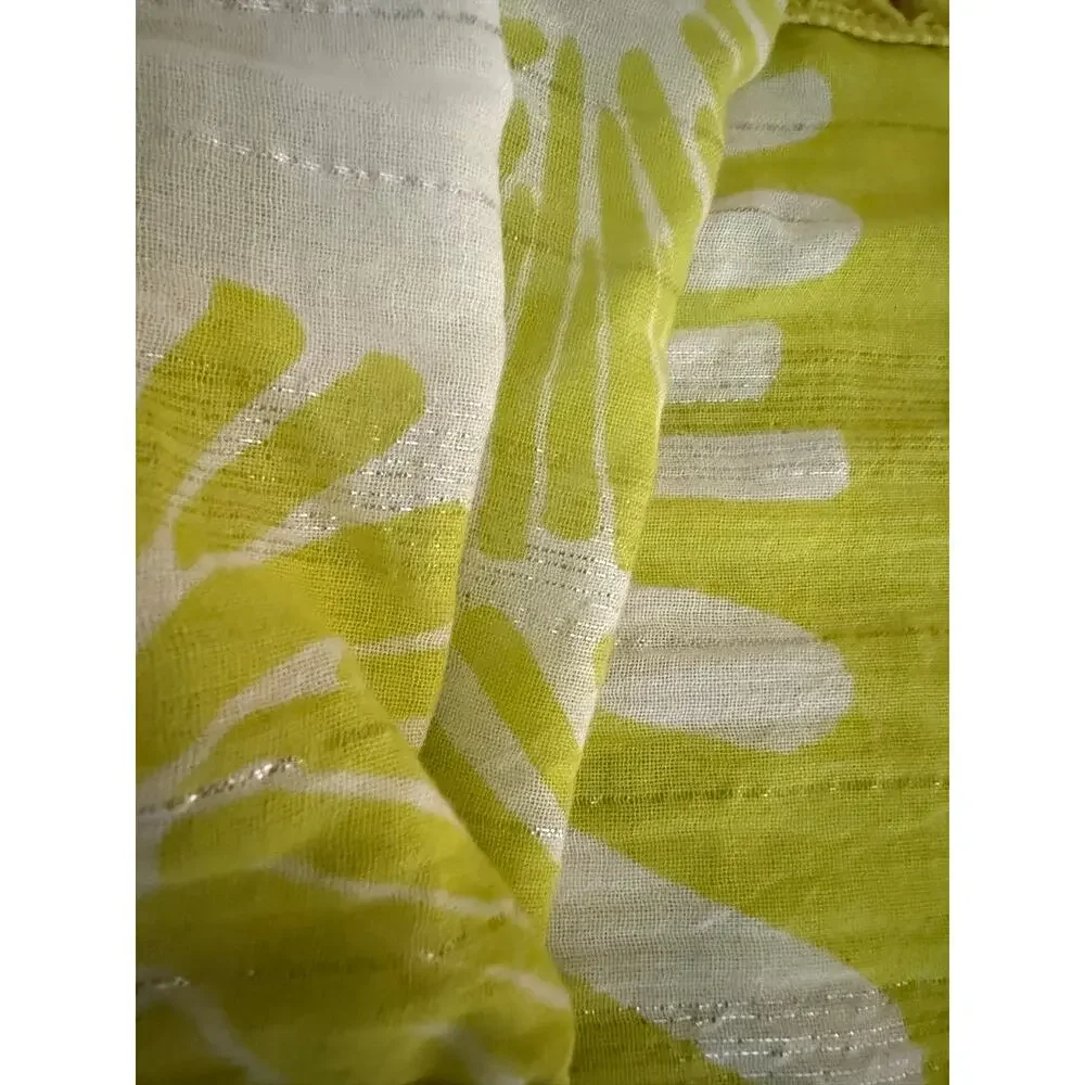 NEW LOFT Lime Green White Pom Pom Infinity Scarf Cotton Blend Metallic Shimmer